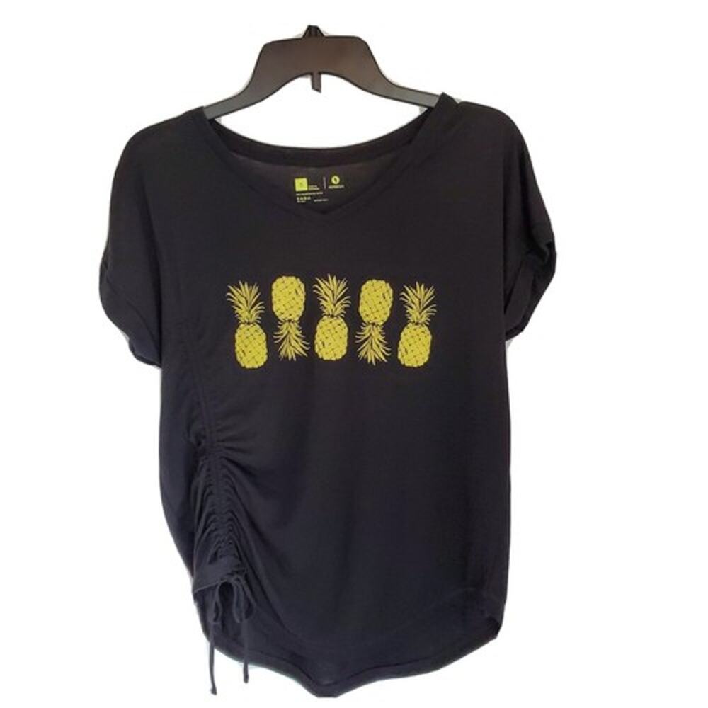 Xersion Womens Black SZ S Pineapple Short Sleeve Top Cinches Up Right Side